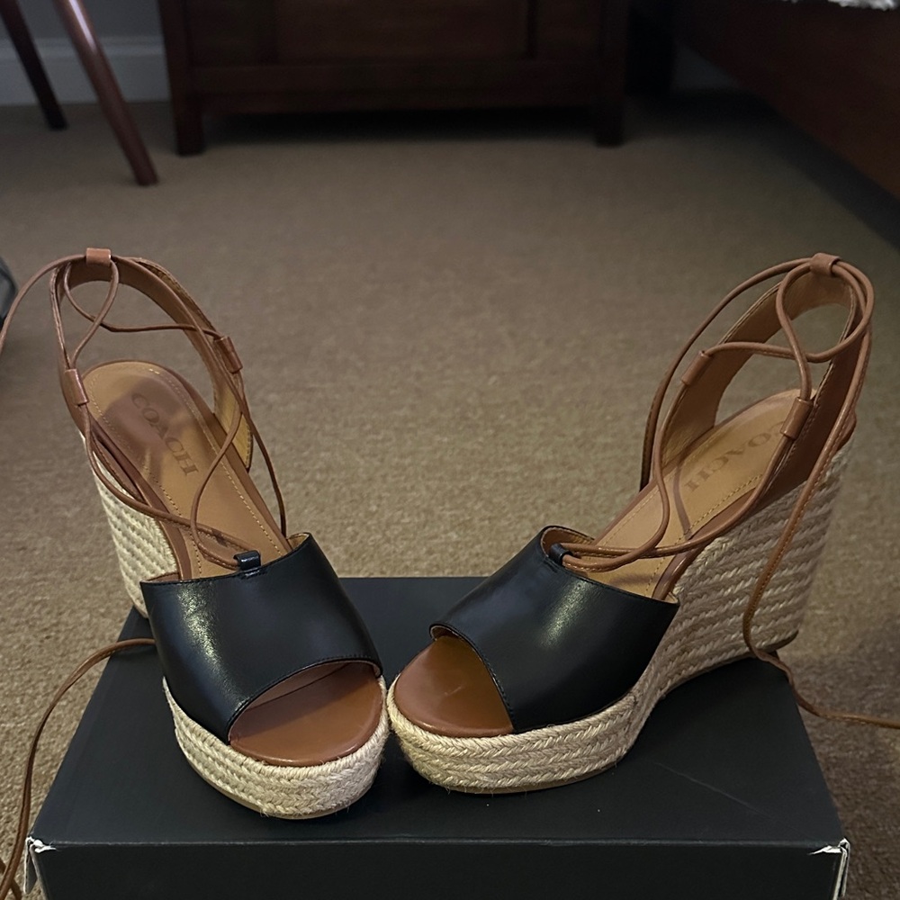 Coach Black and Tan Leather Wedge Sandals - Picture 2 of 2